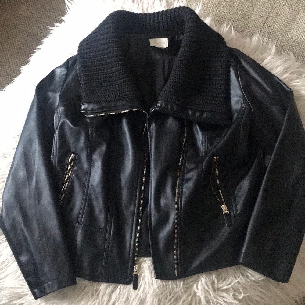 Faux Leather/Knit collar jacket with gold zippers